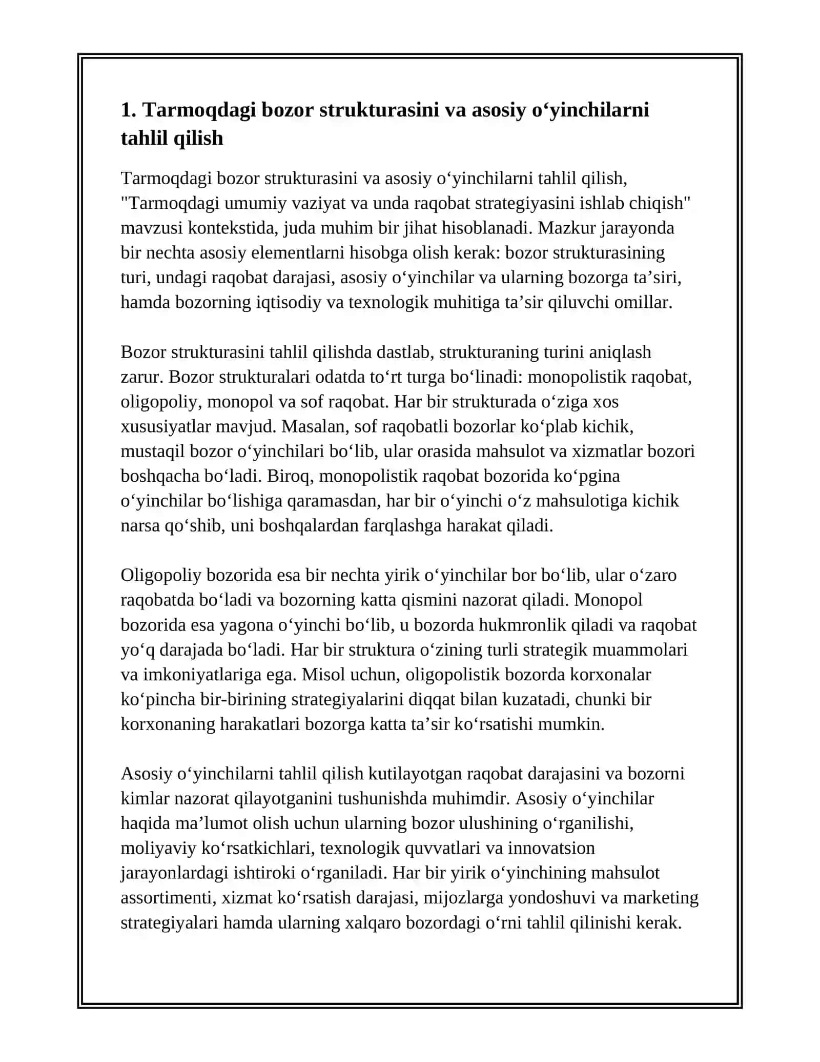 Tarmoqdagi umumiy vaziyat va unda raqobat strategiyasini ishlab chiqish 3