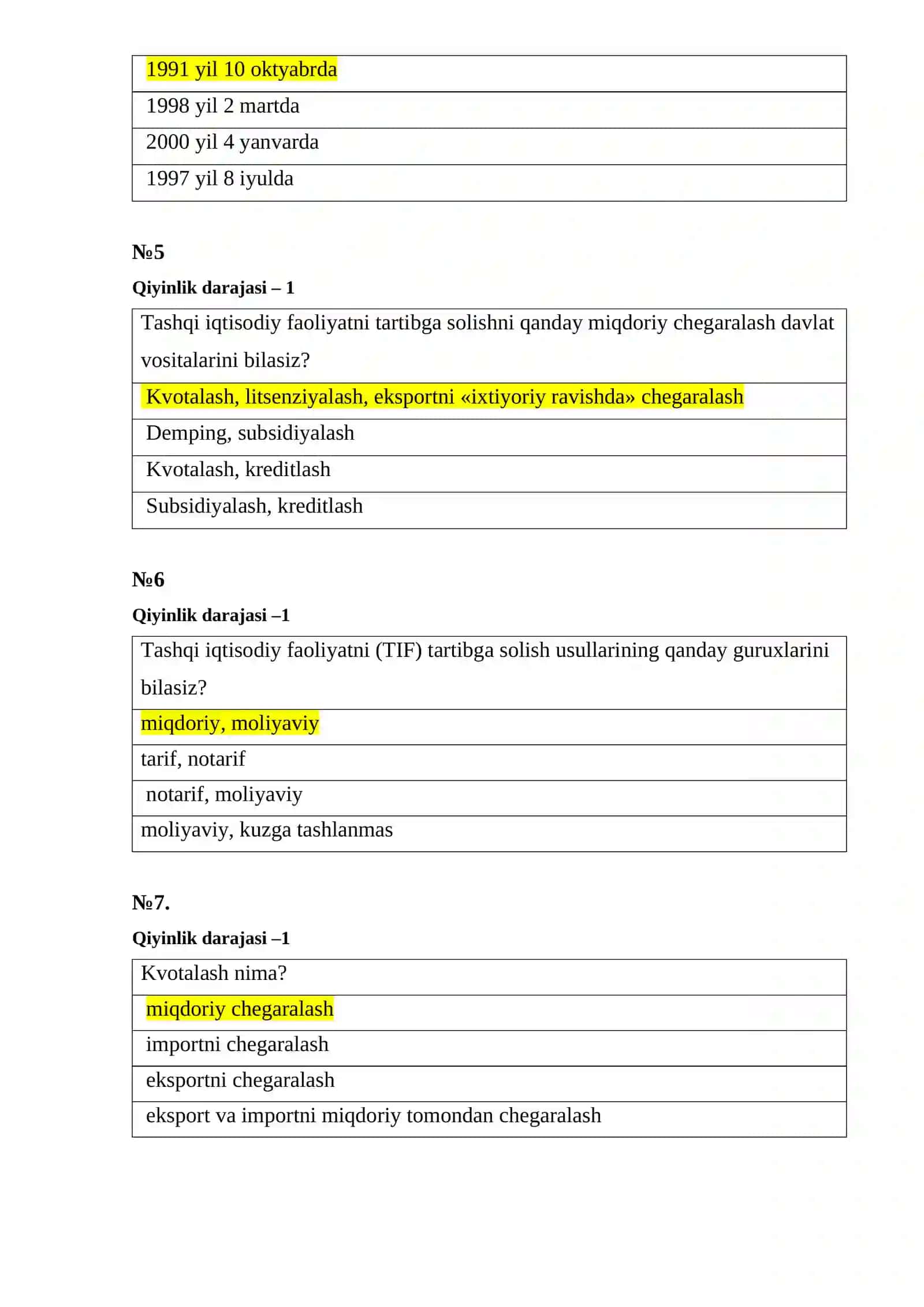 Bojxona qo‘mitasiga ishga kirish uchun test savol-javoblar to‘plami 3