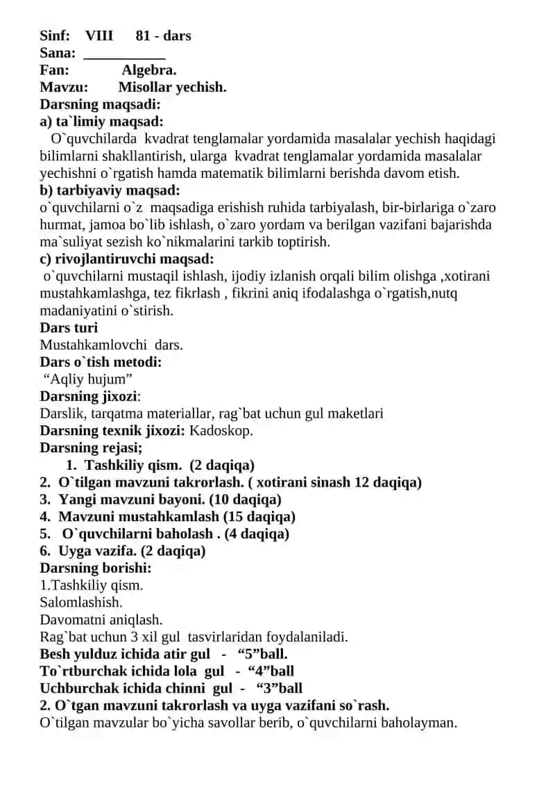dars ishlanmalar 8-sinf 4-chorak algebra 3