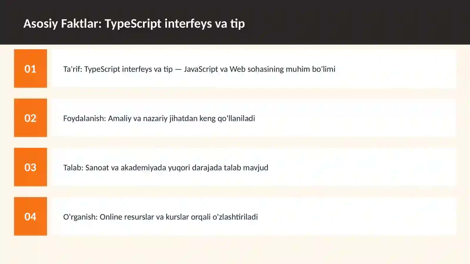 Mavzuga Kirish — TypeScript interfeys va tip 3