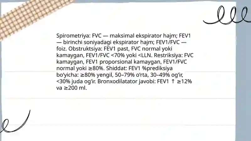 Nafas a'zolari kasalliklaridagi funksional-instrumental tekshiruvlar (spirometriya, pnevmotaxometriya, oksigemometriya) natijalarini interpretatsiyasi. 3