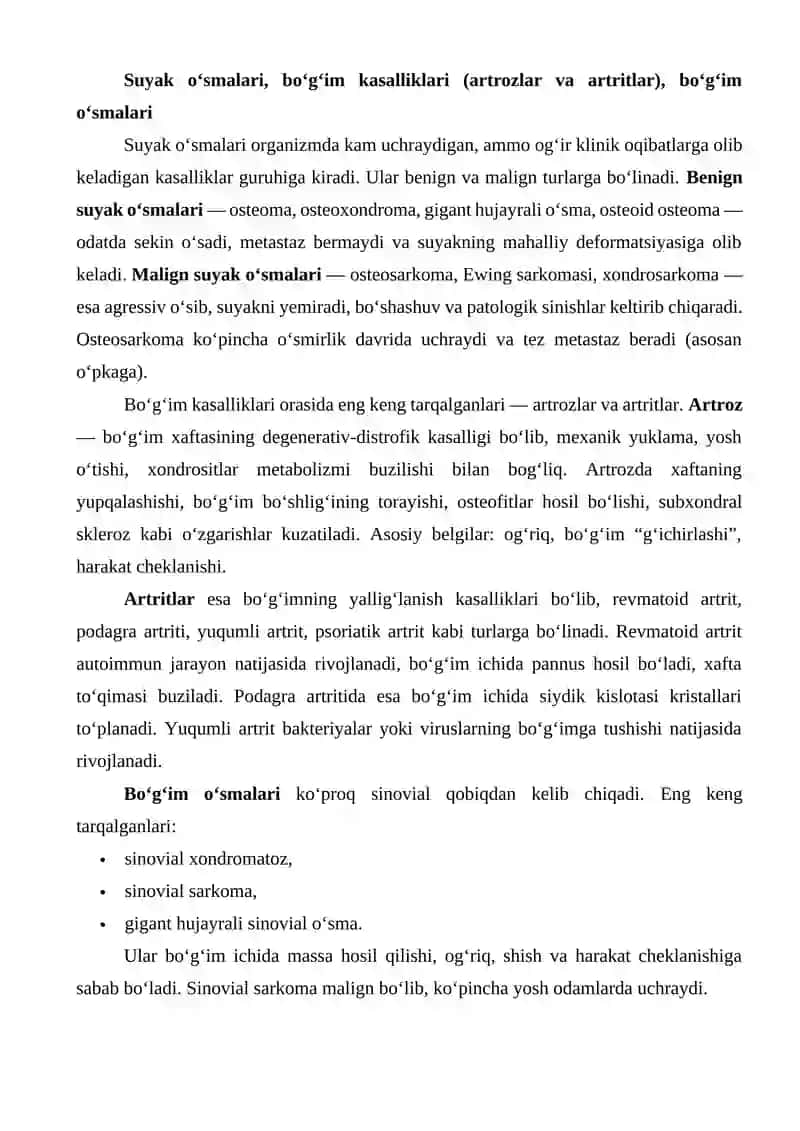 Suyak va bo‘g‘im o‘smalari, artroz va artritlar, yumshoq to‘qima o‘smalari, skelet mushaklari kasalliklari va periferik nerv o‘smalari 3