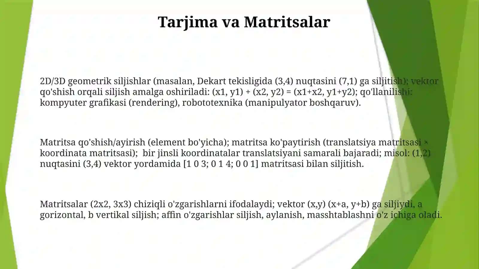 Algebraik amallar va tarjima 3