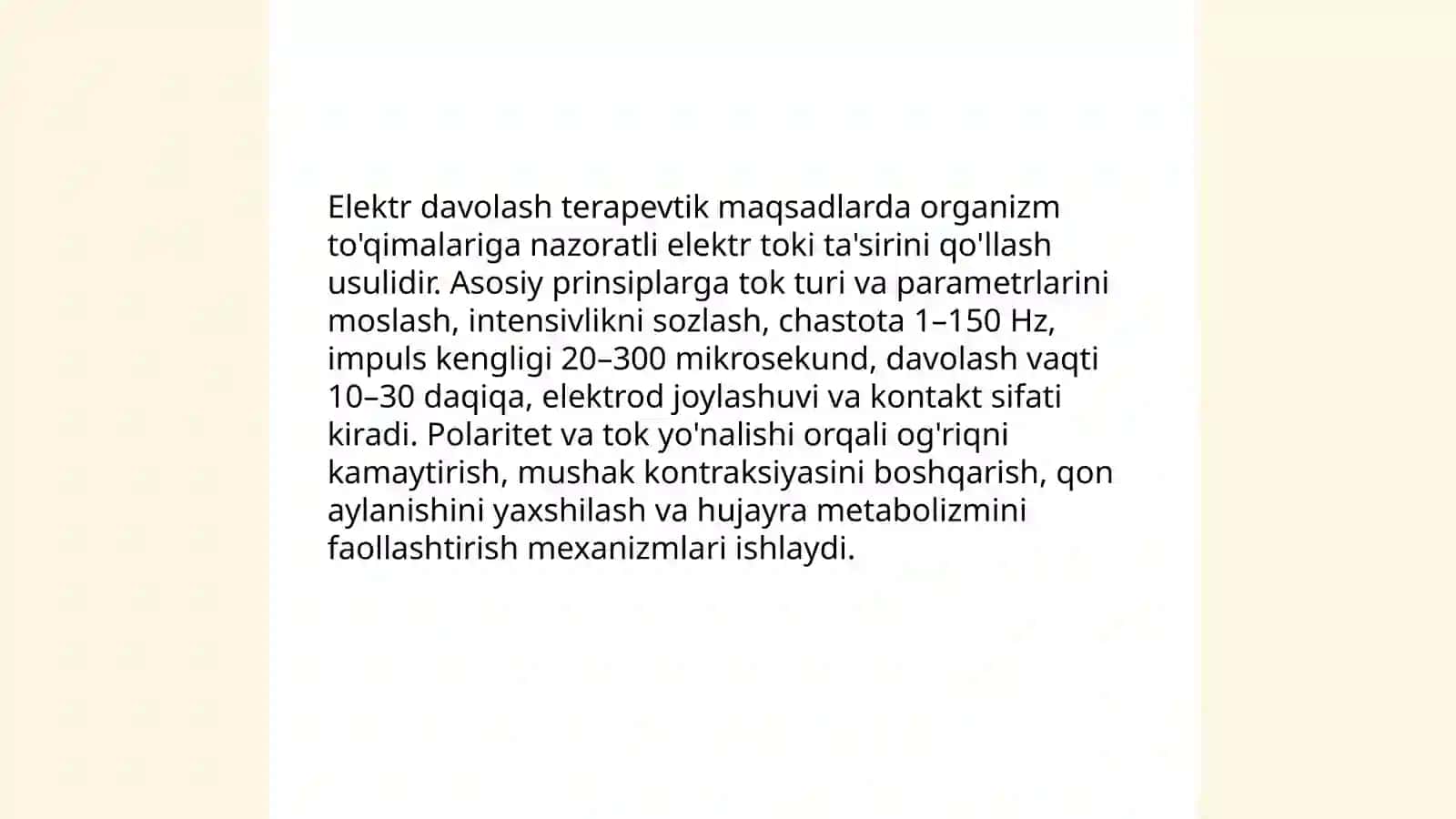 Elektr davolash haqida tushuncha turlari,muolaja koʻrsatma va aparatlar bilan ishlashda texnika xavfsizlik qoidalari 3