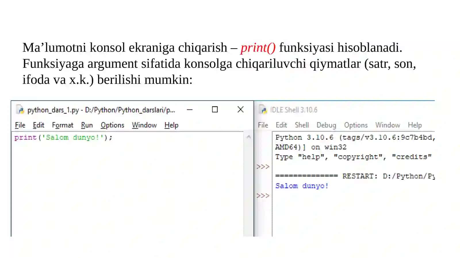 Python tilida kiritish va chiqarish operatorlari. Python tilida o‘zgaruvchilar va ma’lumot turlari. 3