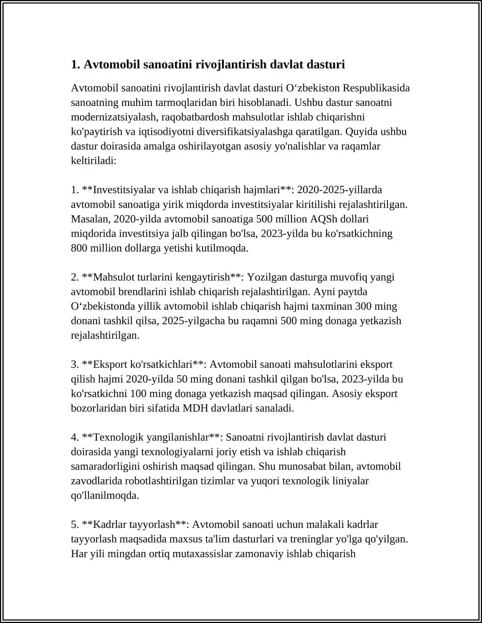 RESPUBLIKADA AVTOMOBIL SANOATI VA TRANSPORTINI RIVOJLANTIRISH BOYICHA XUKUMAT QARORLARI HAMDA ULARNI AMALGA OSHIRISH BO'YICHA BAJARILGAN ISHLAR 3