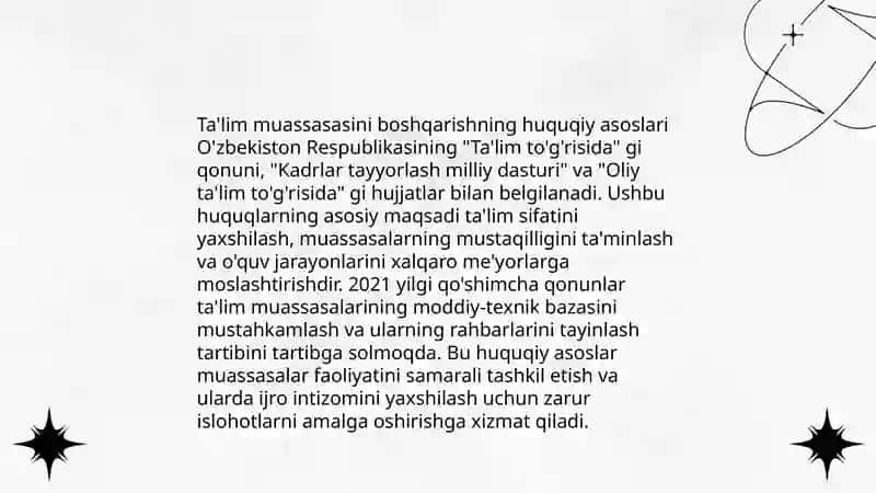 Ta’lim muassasasini boshqarishga doir huquqiy me’yoriy hujjatlar doirasida taqdimot tayyorlash 3