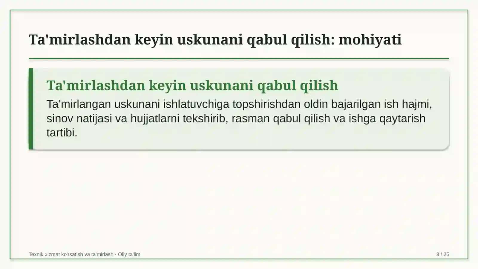 Texnik xizmat ko'rsatish va ta'mirlash · Oliy ta’lim 3