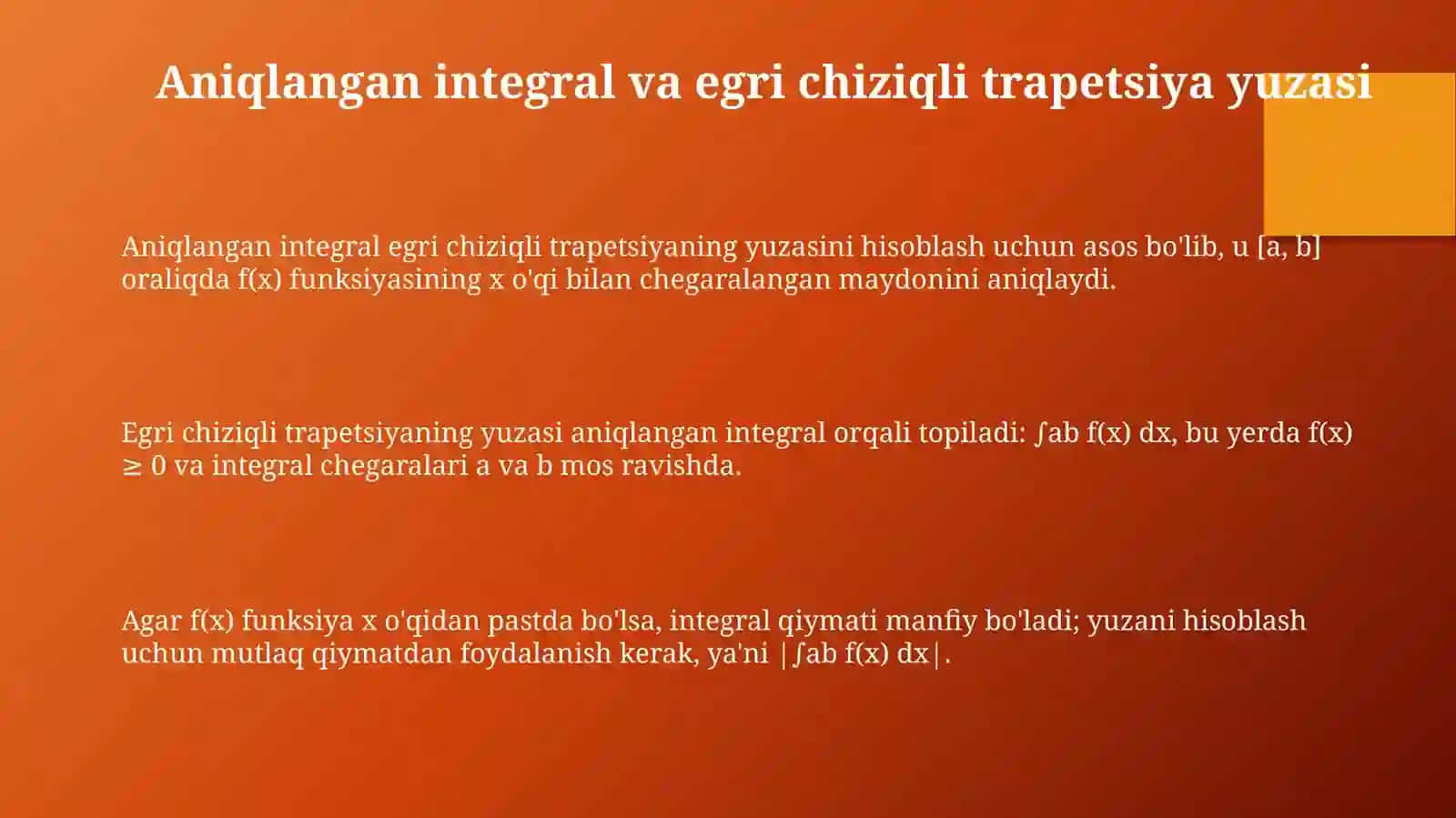 Aniqlangan Integral yordamida Yuzani Hisoblash Asoslari 3