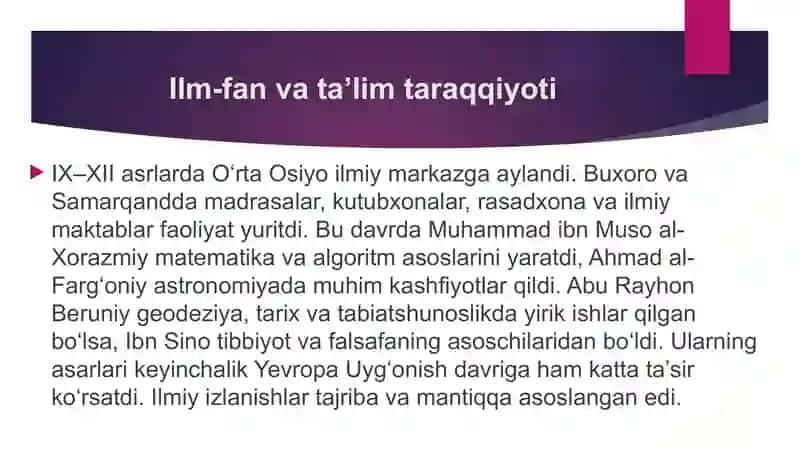 IX-XII asrlarda  mamlakatimiz hududida roʻy bergan madaniy uyg’onish, Buyuk allomalarning jahon sivi 3