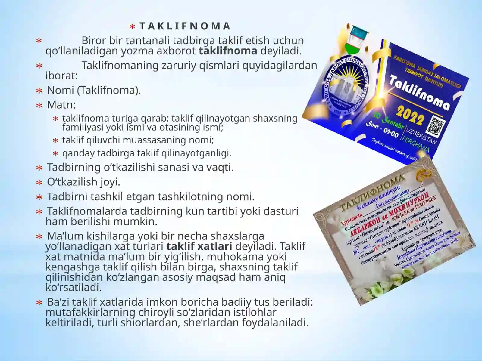 Xizmat yozishmalari-taklifnoma, telegramma, telefonogramma, adres, xatlar 3