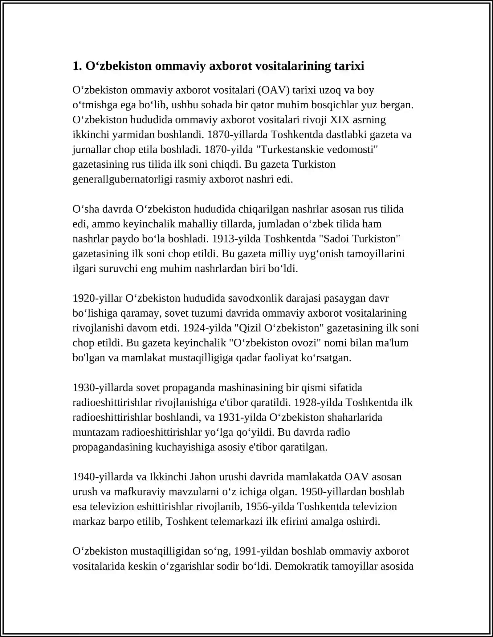 O‘ZBEKISTON RESPUBLIKASIDA OMMAVIY AXBOROT VOSITALARINING FAOLIYATI 3