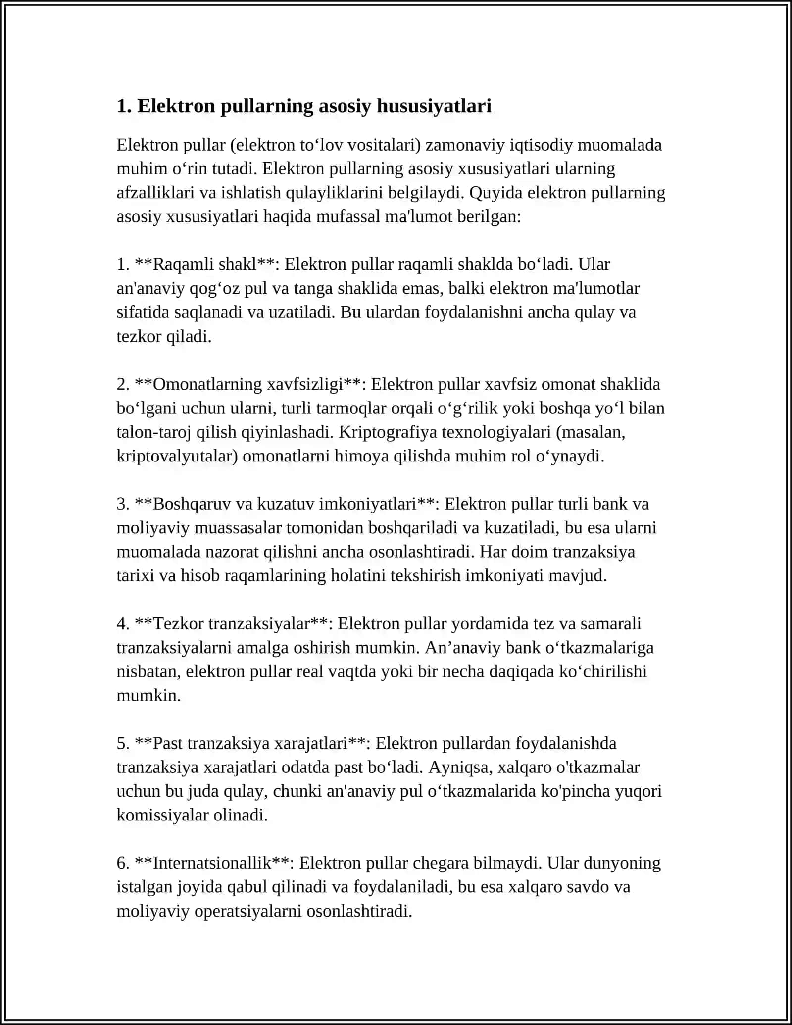 Elektron pullarning hususiyatlari 3