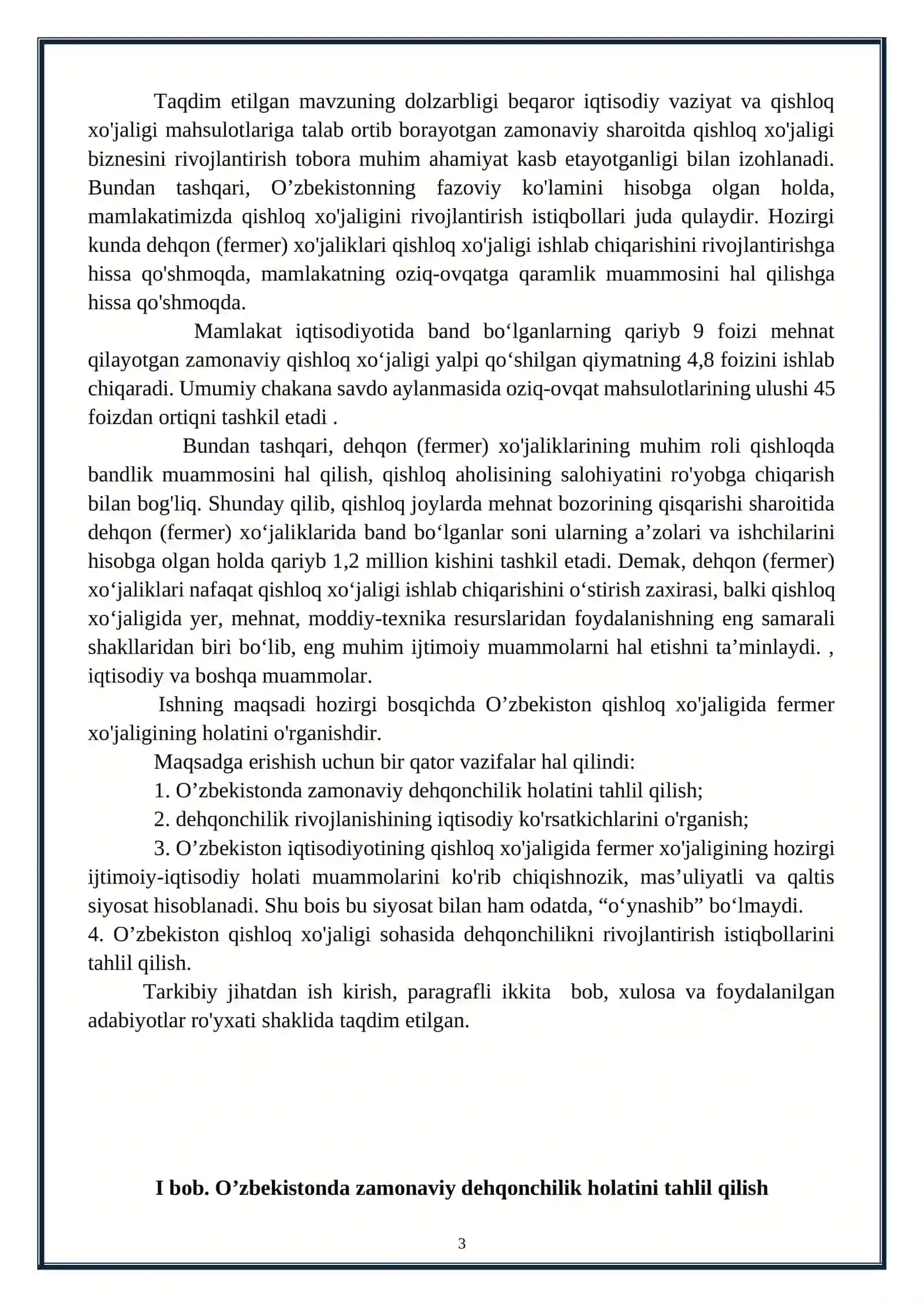 KURS ISHI Mavzu: Fermer va dehqon xoʻjaliklarining tashkiliy-iqtisodiy asoslari 3
