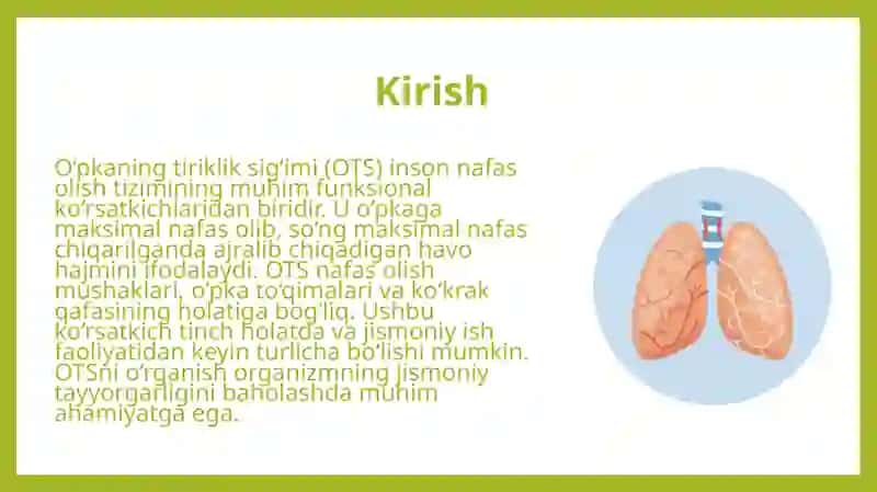 O'pkaning tiriklik sig'imini(OTS) va uning komponentlarini tinch xolatda va jismoniy ishdan keyin aniqlash 3