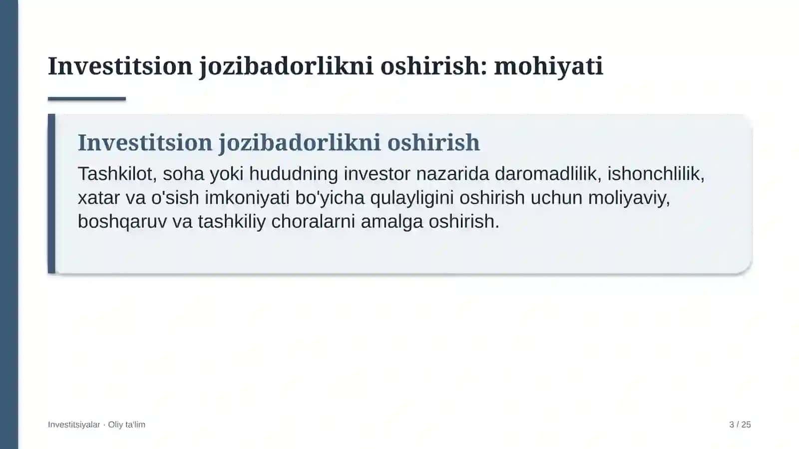 Investitsiyalar · Oliy Ta'lim 3