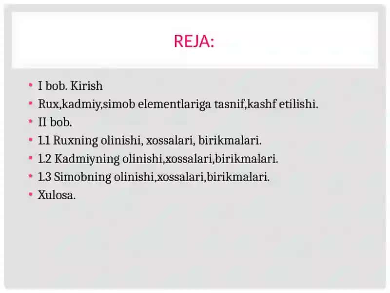 Rux, kadmiy va simob elementlarining olinishi, xossalari va birikmalari 3