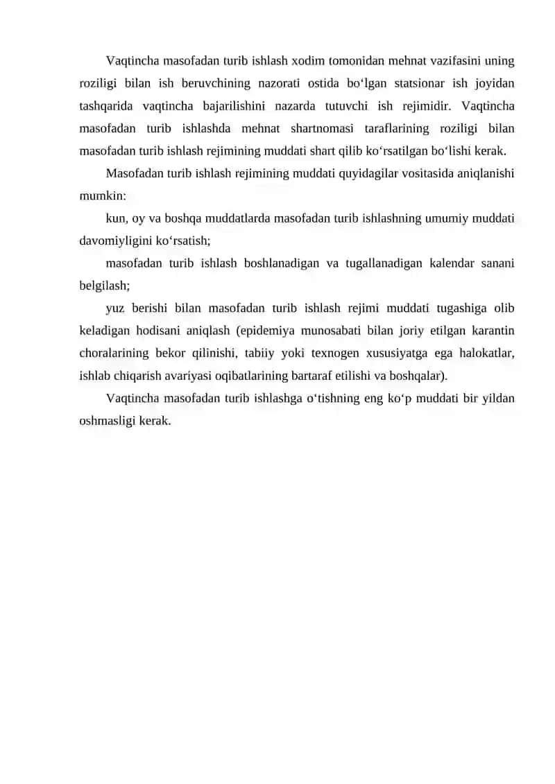 Masofadan turib ishlovchi xodimlarning mehnatini huquqiy jihatdan tartibga solishning o‘ziga xos xususiyatları 3