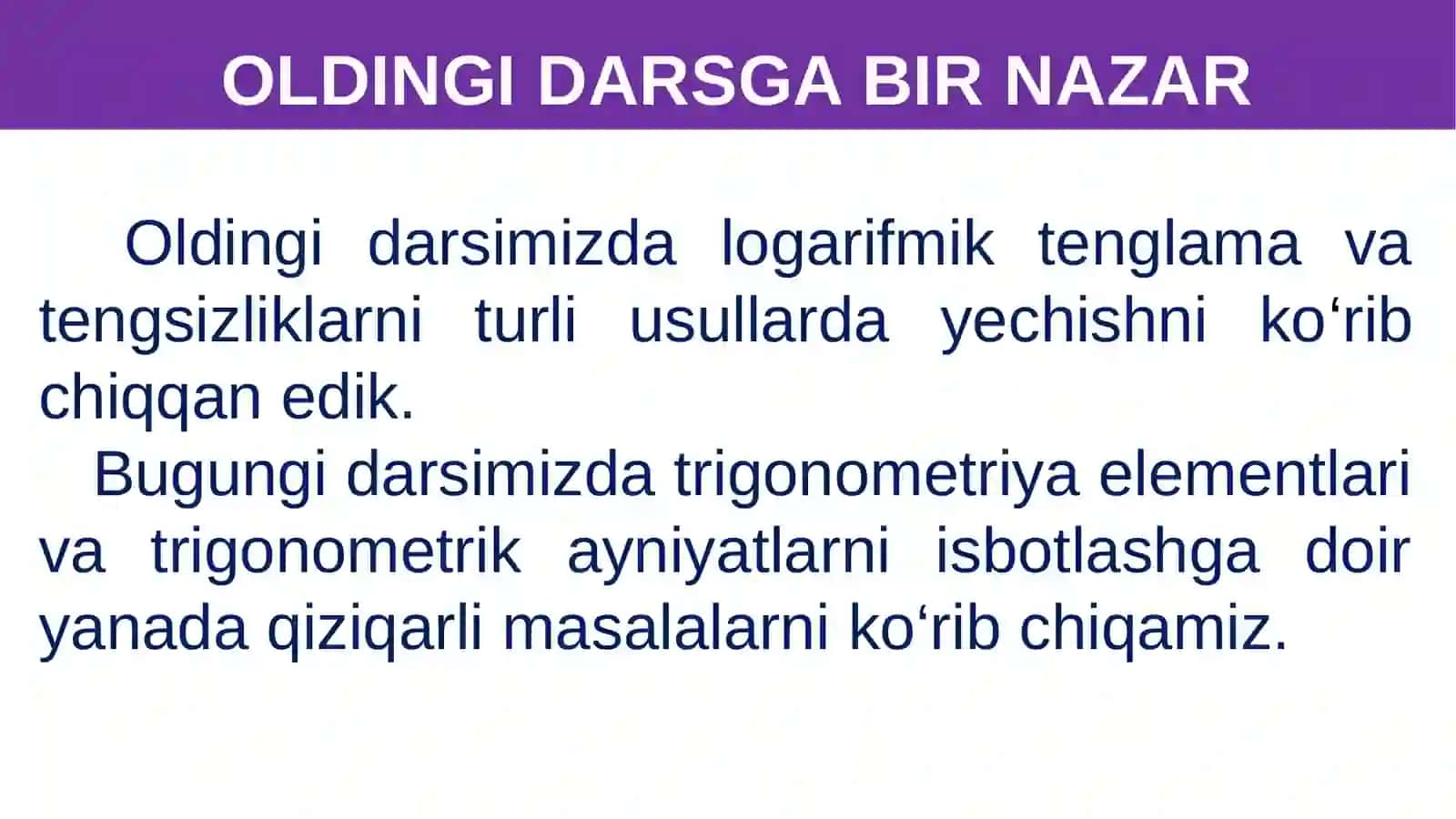 Trigonometriya elementlari. Trigonometriya qiymatlari 3