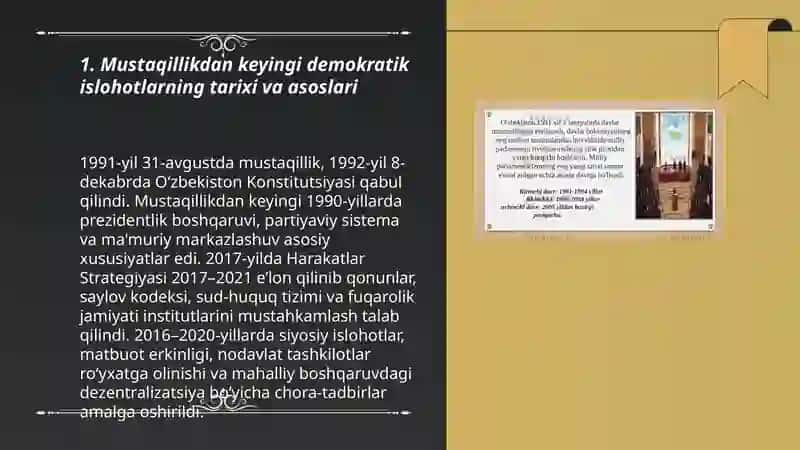Oʻzbekistonda demokratik, fuqarolik jamiyati asoslarining shakllanishi, amalga oshirilgan siyosiy islohotlar 3