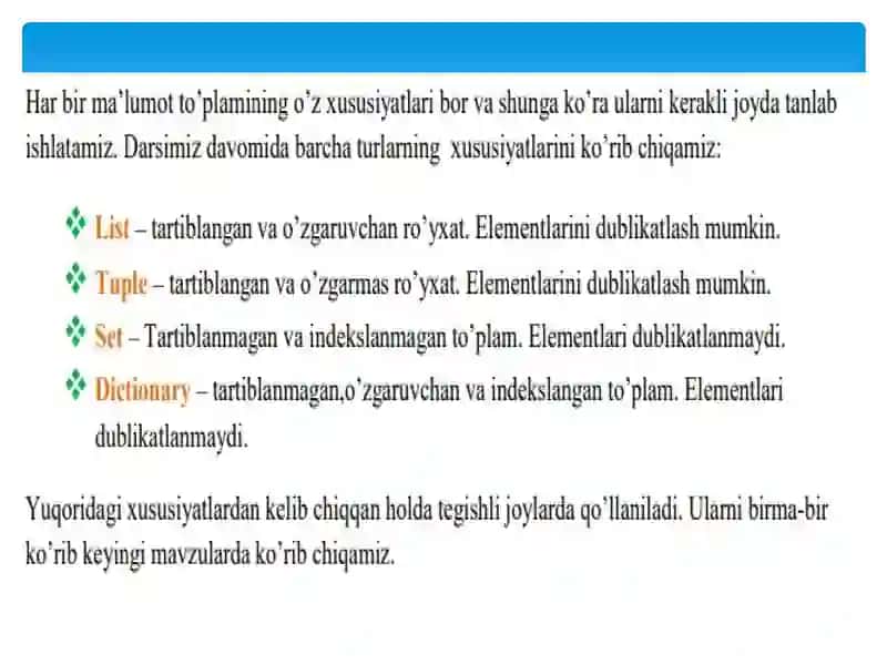 Pythonda ma’lumot to’plamlari va turlari 3