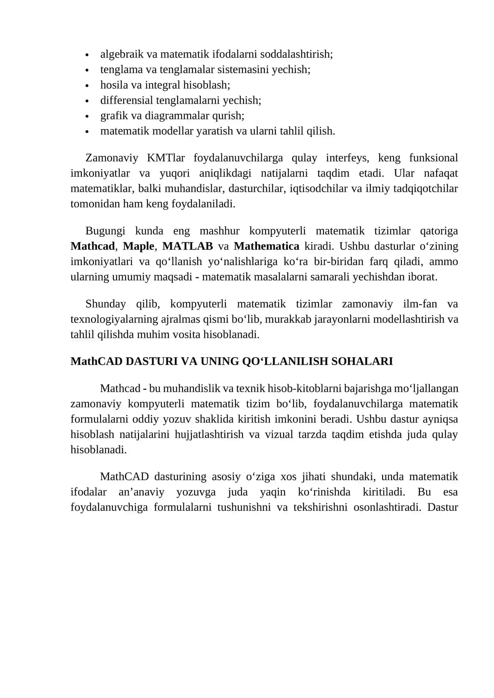 MathCAD, Maple, MatLab va Mathematica dasturlarining qo‘llanish sohalari. 3