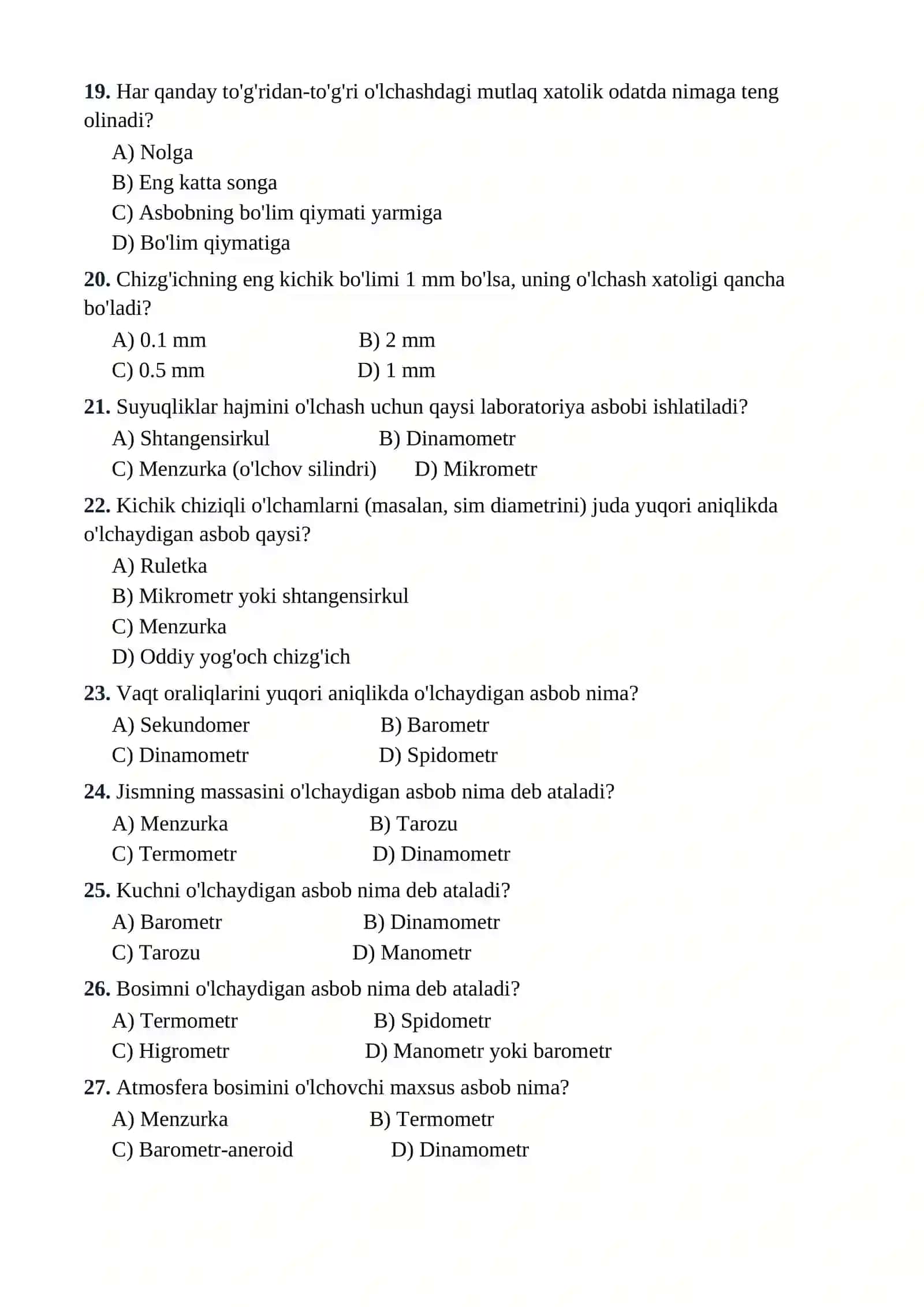 7-SINF FIZIKA FANIDAN TESTLAR TO'PLAMI 3