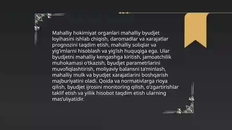 Mahalliy hokimiyat organlarining mahalliy moliyani boshqarishdagi huquq va majburiyatlari 3