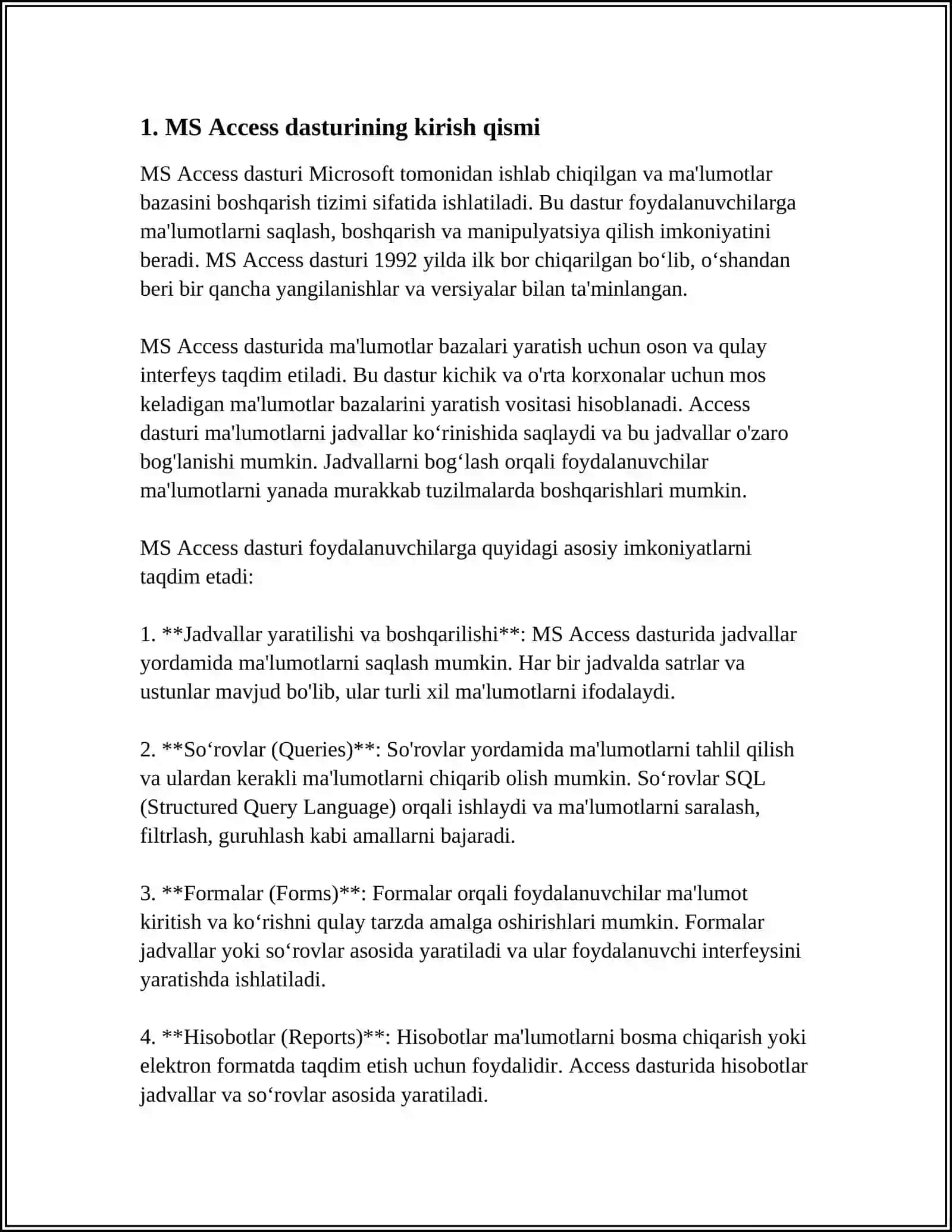 MS ACCESS DASTURINING ASOSIY ELEMENTLARI VA MAYDON TURLARINING XUSUSIYATI 3