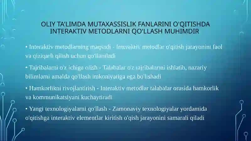 Oliy ta'limda Mutaxassislik fanlarini o'qitish metodikasi 3