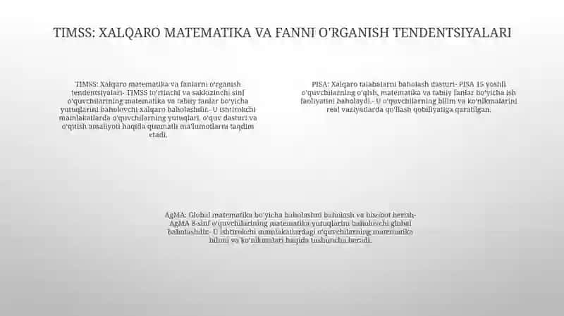 Timss, Pisa, Agma, Talis Xalqaro Baholash Dasturlari 3