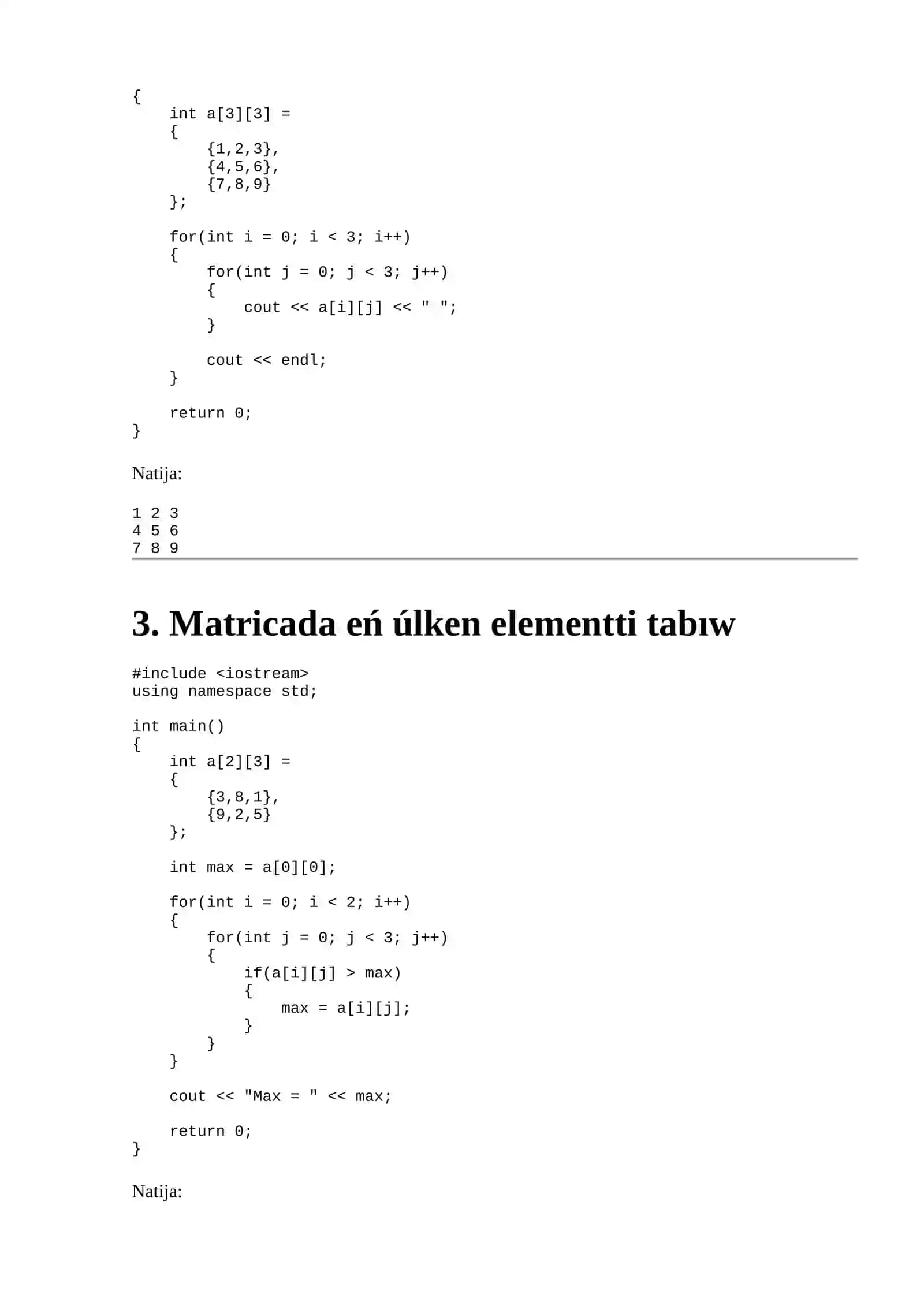 C++ tilinde matrica elementlerin analizlew (Bubble Sort h.t.b.) 3