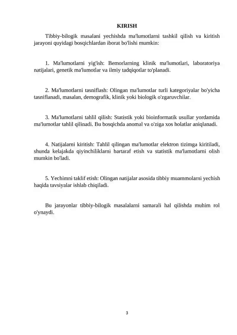 Tibbiy-bilogik masalani yechish misolida ma'lumotlarni tashkil qilish va kiritish 3