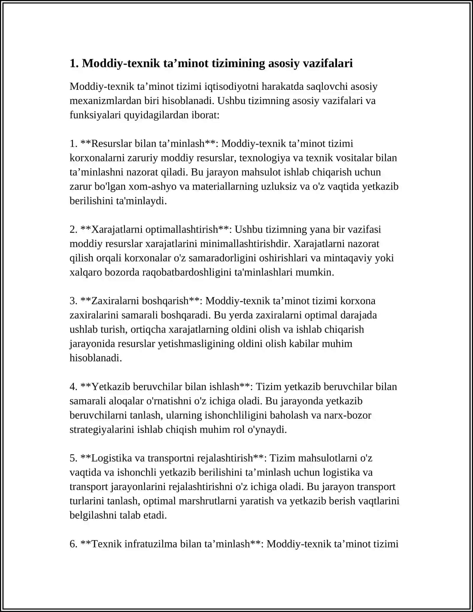 MODDIY-TEXNIK TA'MINOTNI TASHKIL ETISH. KORXONALARNI MODDIY RESURSLAR BILAN TA'MINLASH STRATEGIYASI R 3