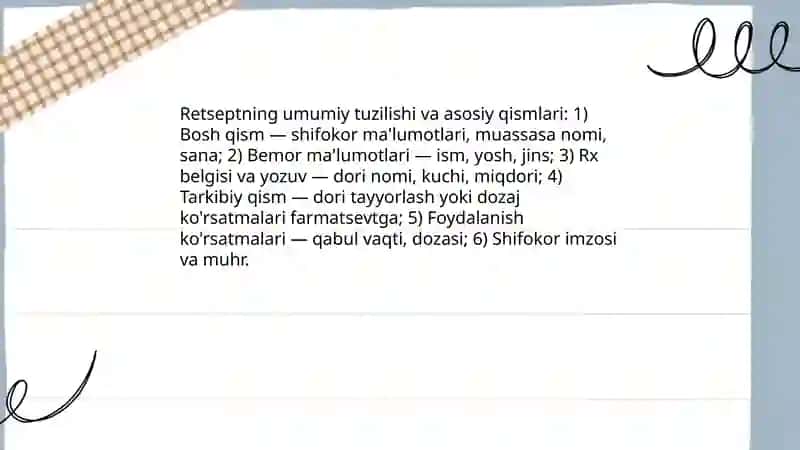 Retsept uning tuzilishi.Suyuk dori shakllari va ularga retsept yozsh 3