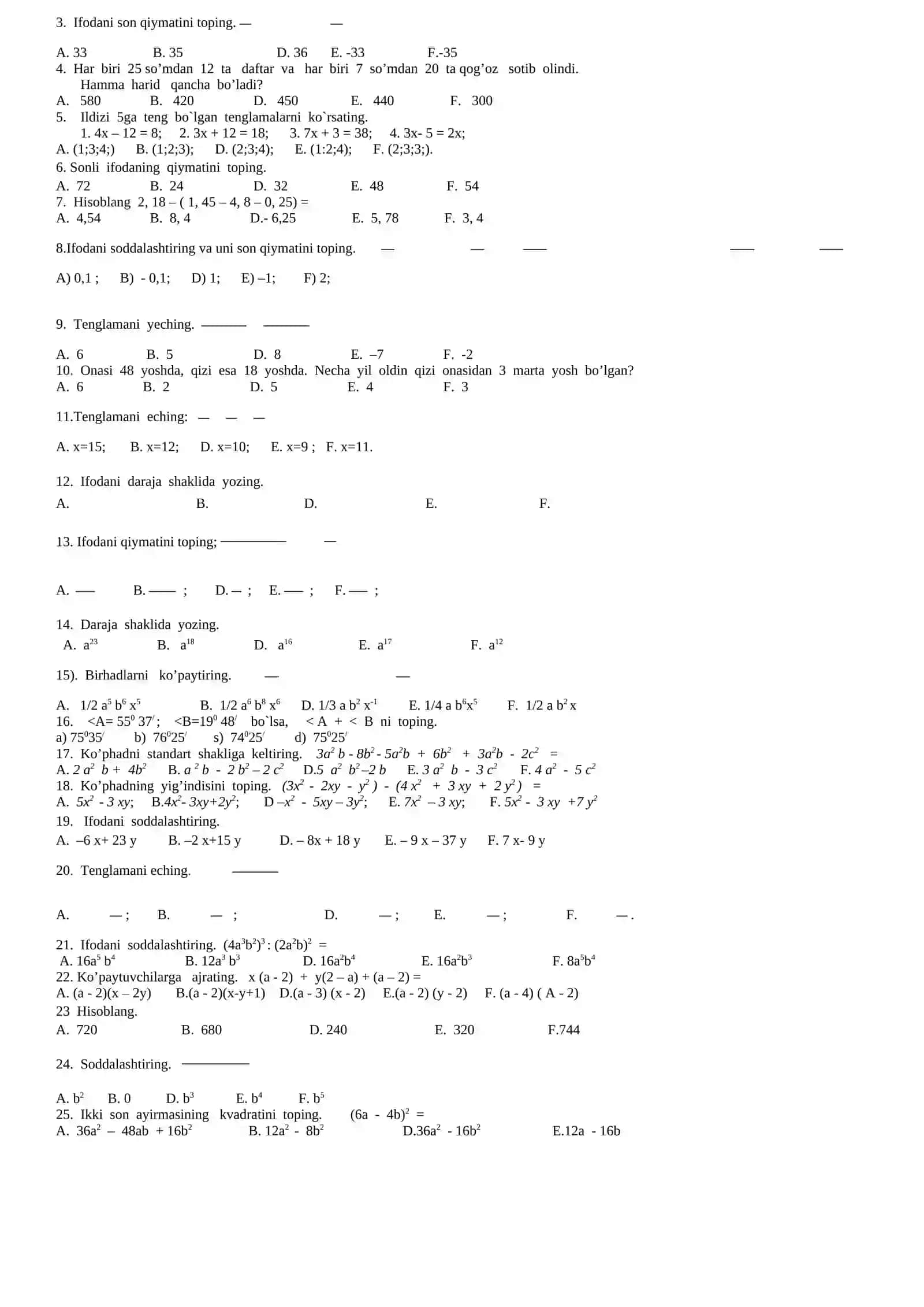 Matematika sinov testi 3