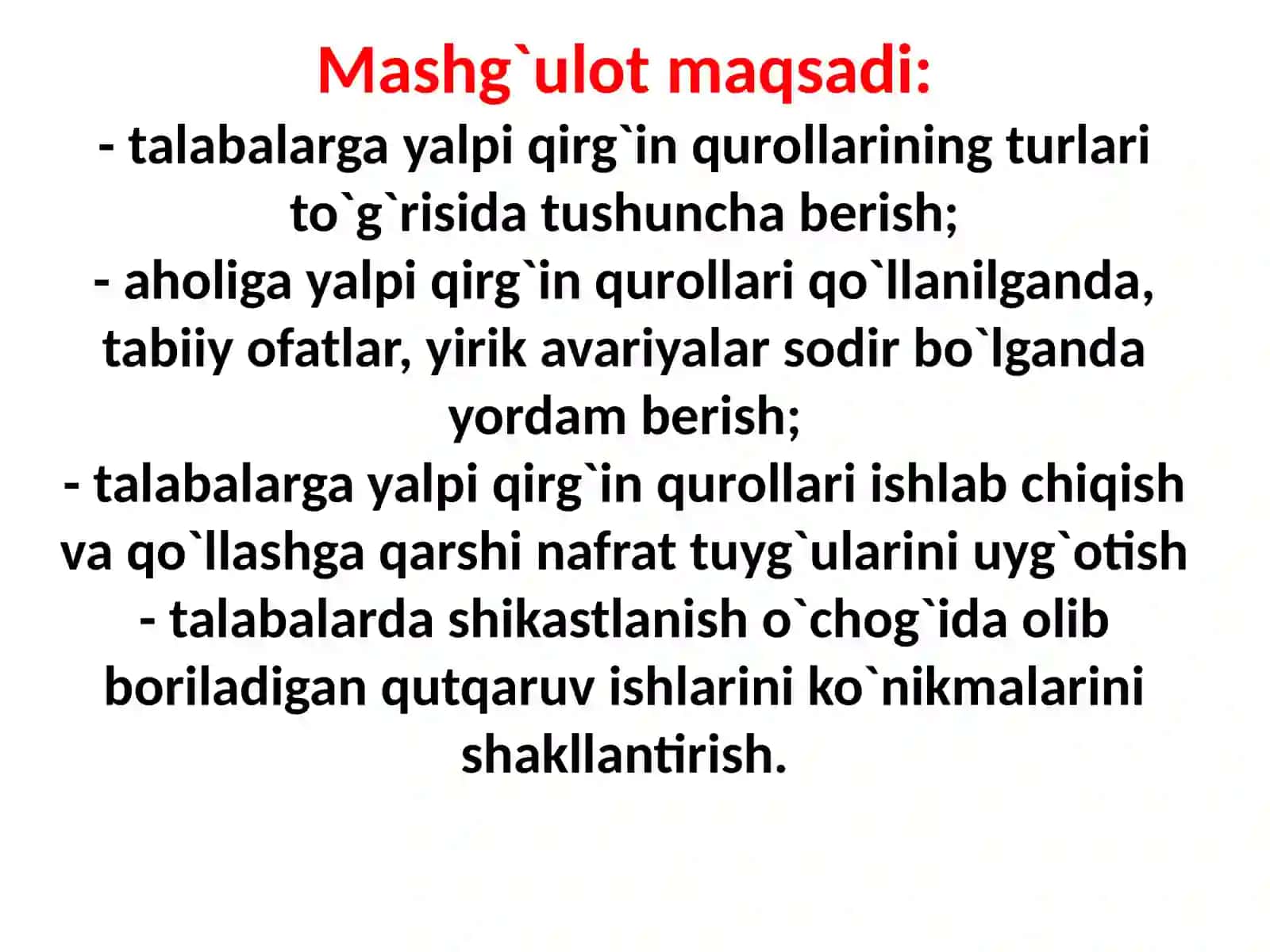 №10 Yadroviy shikastlanish o'choqlarining tibbiy-taktik xarakteristikasi Axoliniy alpiqirgin qurollaridan va favqulodda vazijtlardan muxofaza qilishning asosiy printsip va vositalari 3
