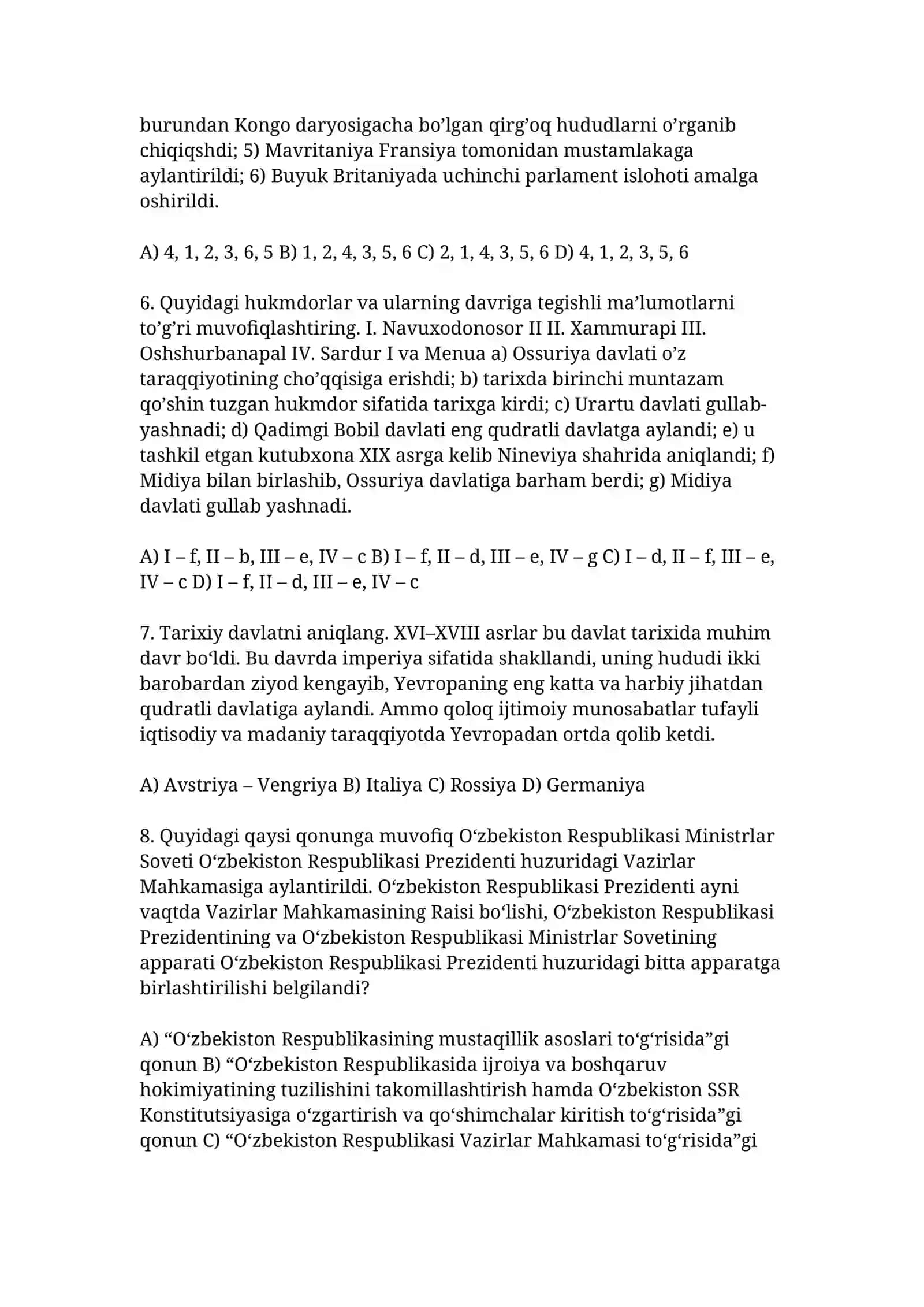 Tarix Milliy sertifikat 2025-2026 savollari va javoblari 3