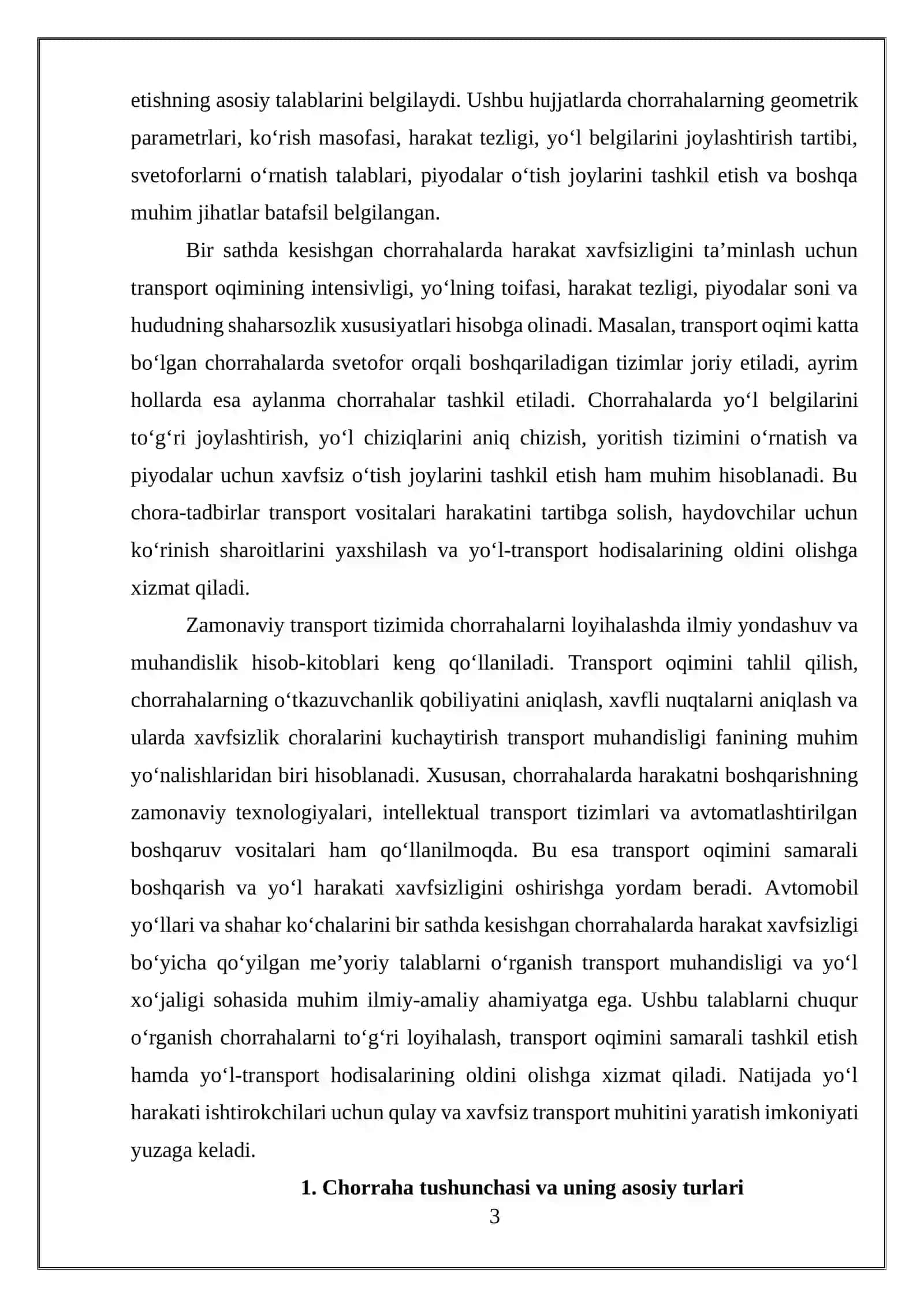 Avtomobil yo‘llari va shahar ko‘chalarini bir sathda kesishgan chorrahalarda harakat xavfsizligi bo‘yicha qo‘yilgan me’yoriy talablarni o‘rganish 3