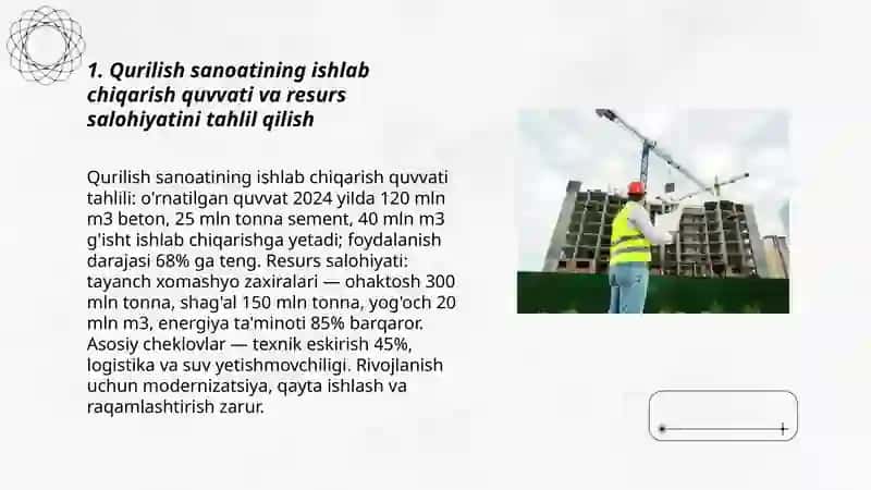 Qurilish industriyasining ishlab chiqarish va resurs salohiyati va undan oqilona foydalanish yo'llari 3