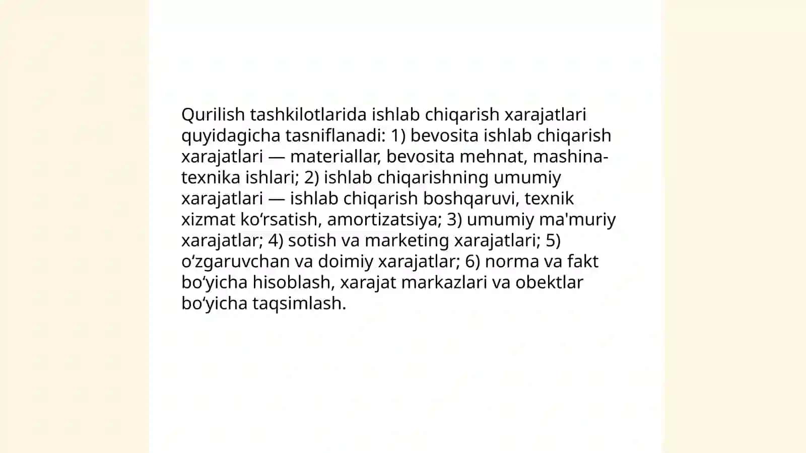 Qurilish tashkilotlarida ishlab chiqarish xarajatlar hisobi va qurilish ishlari tannarxini kalkulatsiya qilishning xususiyatlari 3