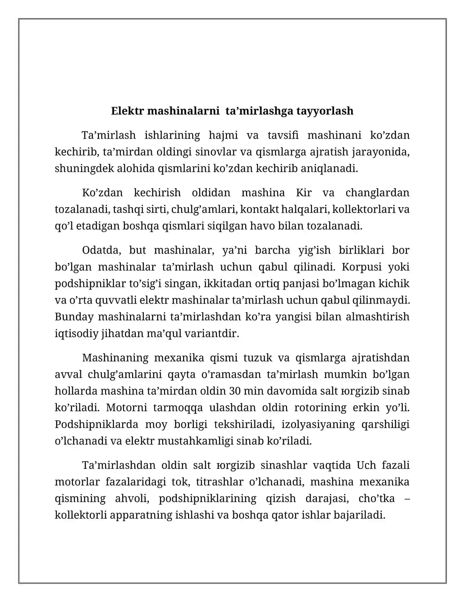 Konchilik korkhonalaridagi ozgaruvchan tok elektr motorlarini tamirlash va ularga texnik xizmat korsatish 3