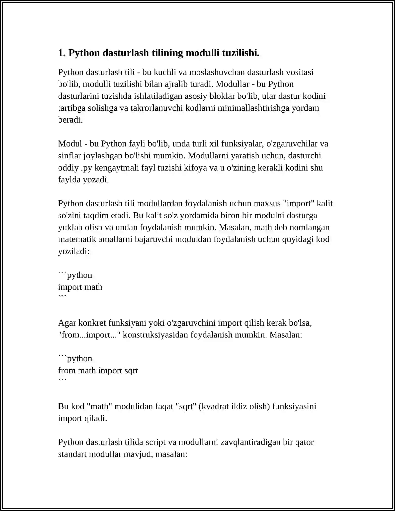 PYTHON DASTURLASH TILI, C# VA BOSHQA TILLARDA(PASCAL,C++)MODULLI DASTURLASHDA ULARNING FARQI 3