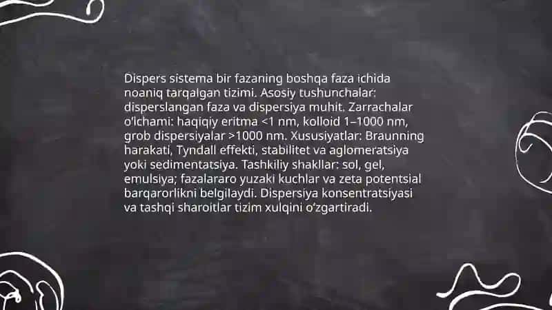 Dispers sistemalar. Kolloid sistemalarning klasifikatsiyasi, tuzilishi, olinishi va tozalash usullari 3