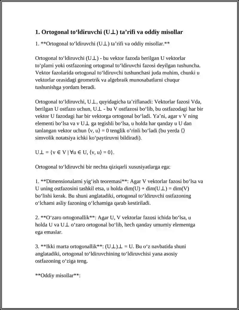 Ortogonal toʻldiruvchi va uning hossalari 3
