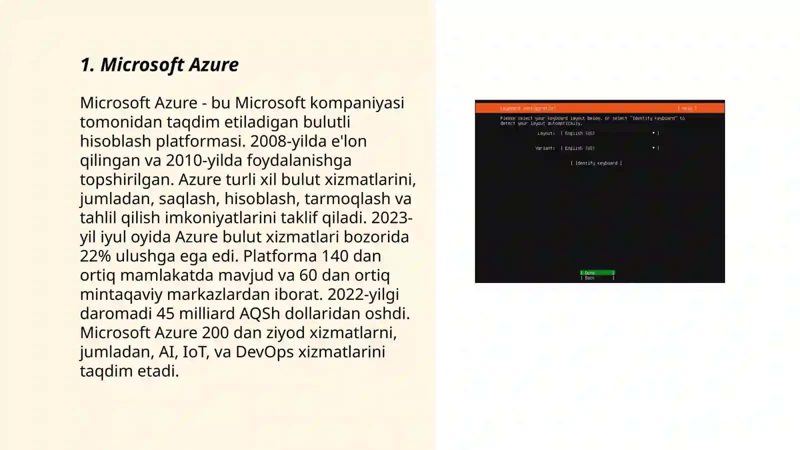 Microsoft Azure. Hisoblash. App Service. Azure Compute Fleet. Azure Quantum. Azure Spot Virtual Machines. Azure Spring Apps. Azure VMware Solution. Batch. Cloud Services. Linux Virtual Machines. SQL Server on Azure Virtual Machines. Static Web Apps. Virtual Machine Scale Sets. Virtual Machines. Azure Virtual Desktop. Windows Virtual Machines 3