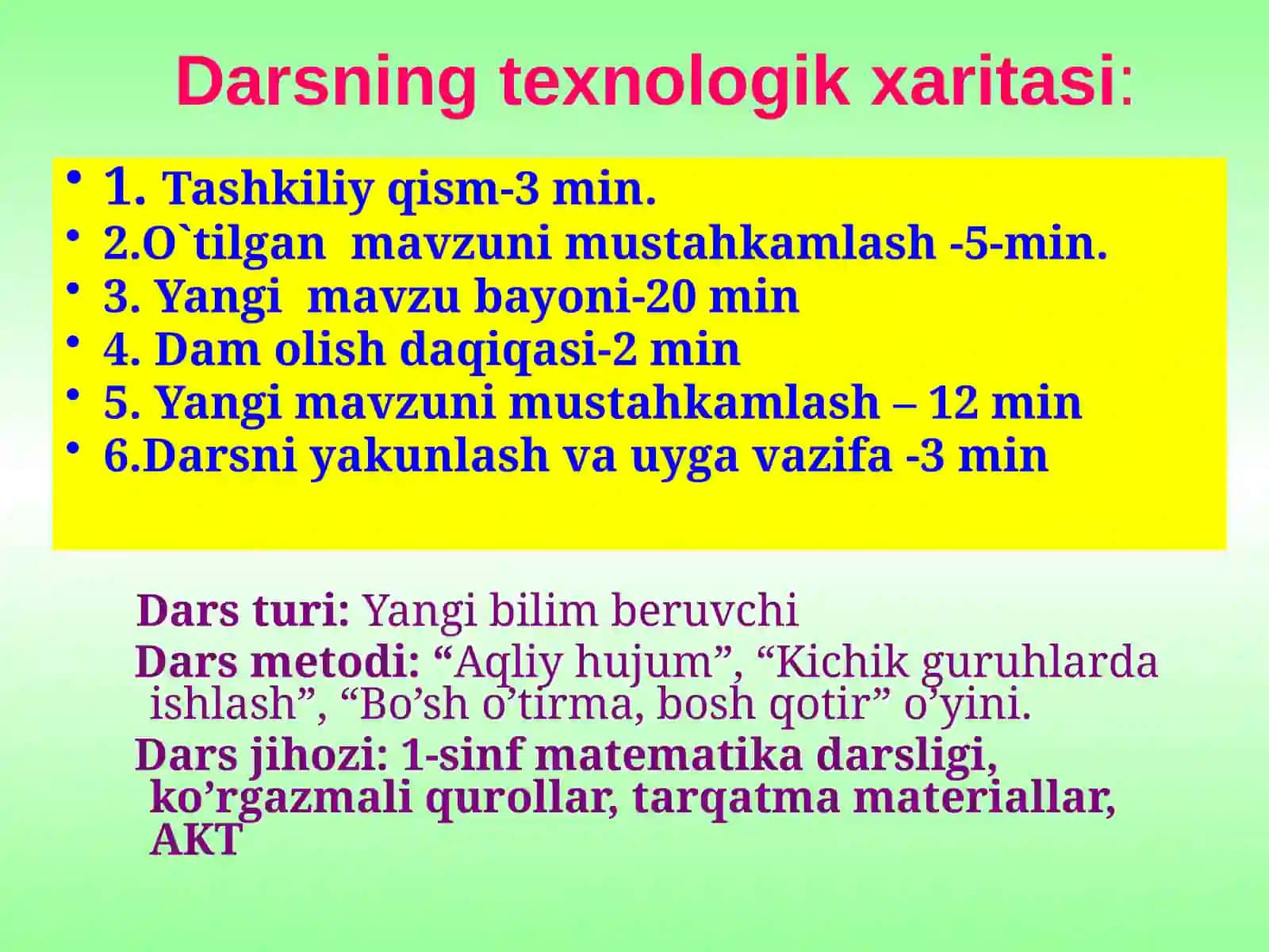 1-sinf uchun matematika fanidan bir soatlik DARS ISHLANMASI 3