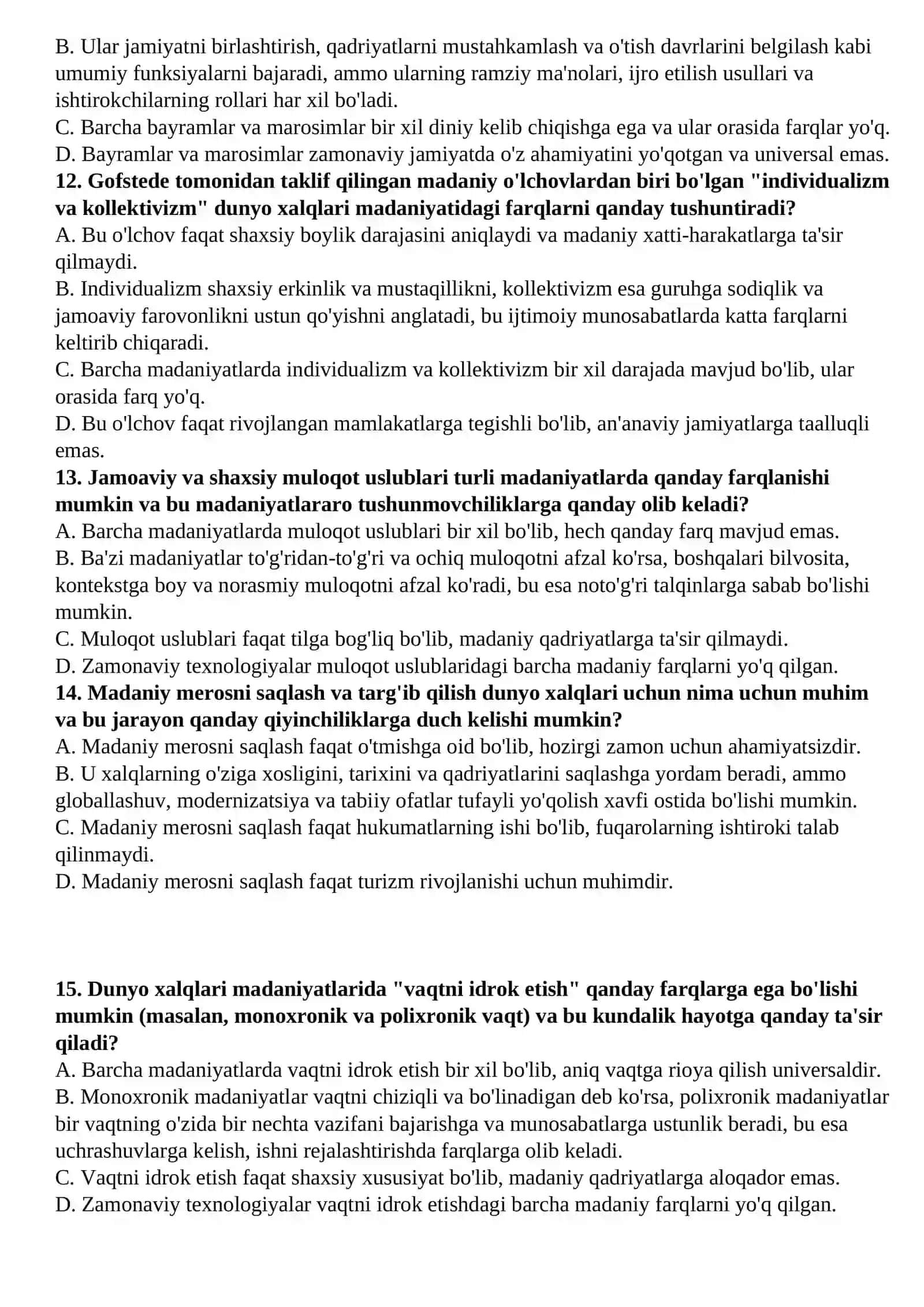 “Dunyo xalqlari madaniyatidagi umumiylik va farqlar” Test 3