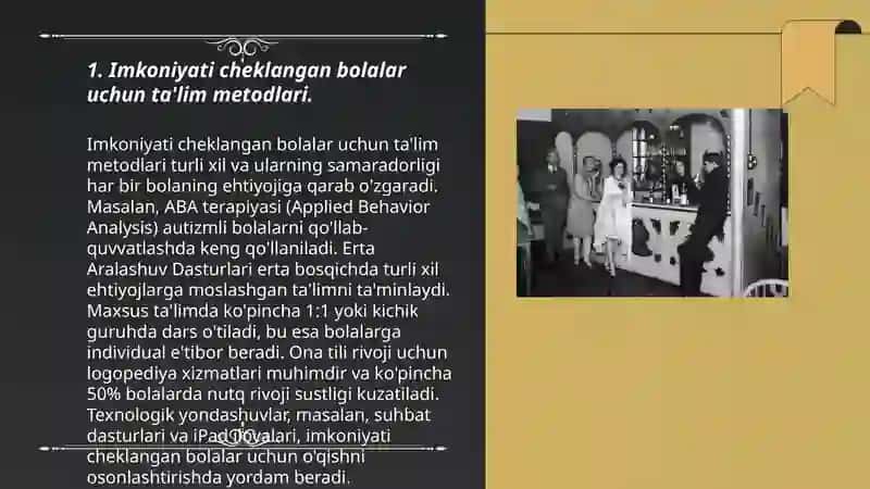 Imkoniyati cheklangan bolalarni oʻqitishda ta'lim metodlari va vositalari, ta'limni tashkil etish shakllari va turlari to'g'risida bilimlarni berish 3