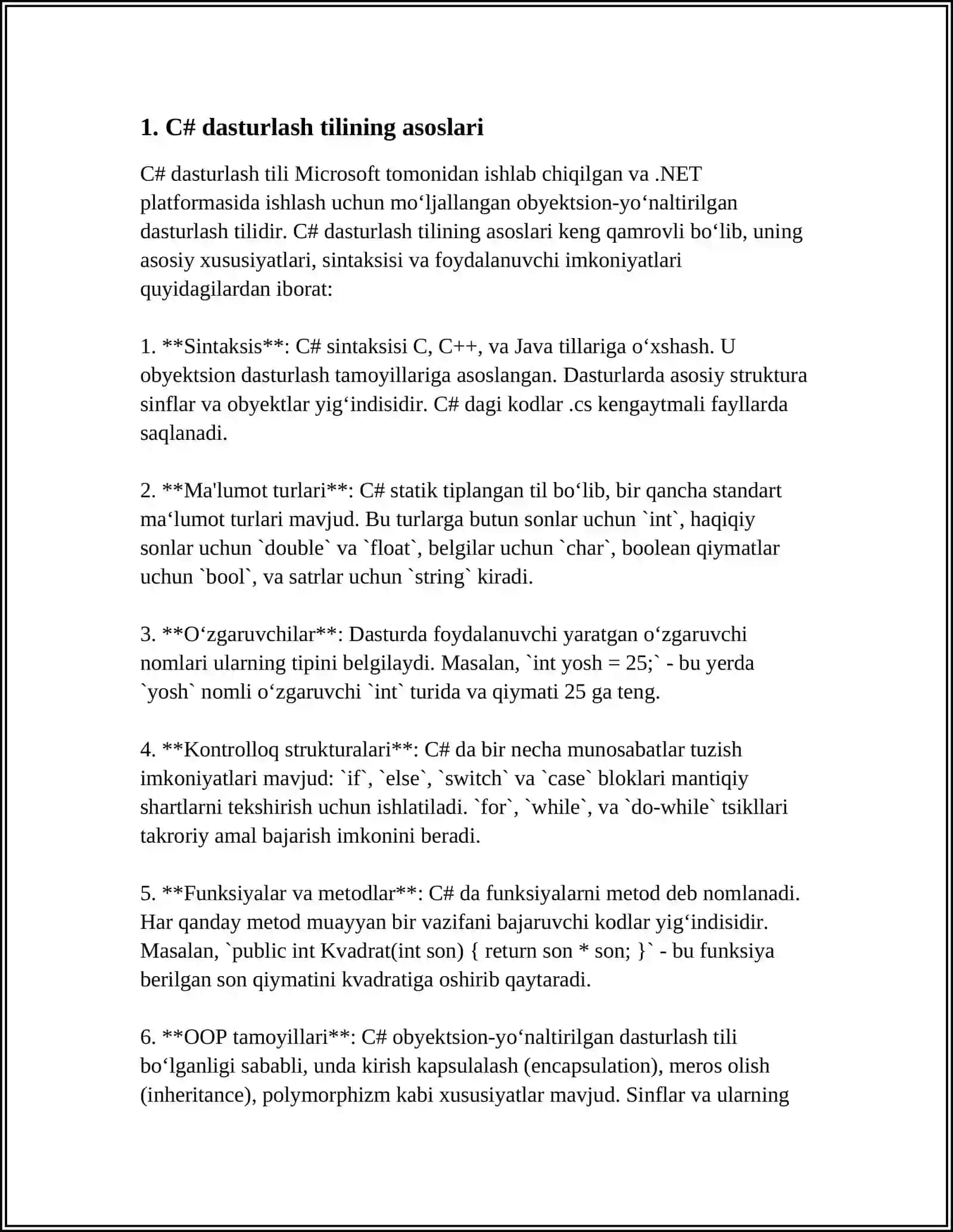 C# VA BOSHQA TILLARDA (PASCAL,C++) MODULLI DASTURLASH 3